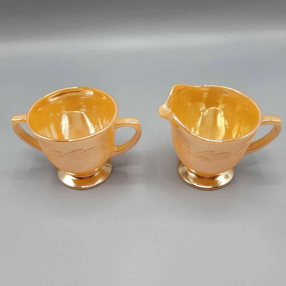 Vintage Orange Lustre Fire King Creamer & Sugar Set Laurel Leaf Glass Oven Ware